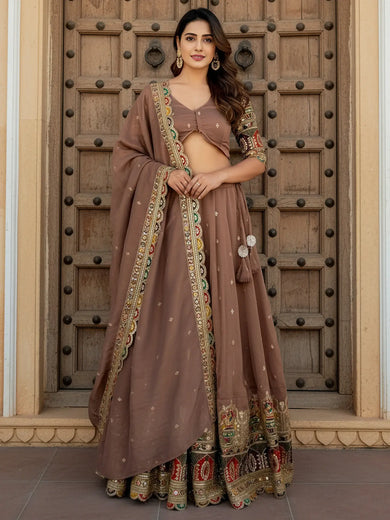 Precious Beige Thread Work Silk Festival Wear Lehenga Choli With Dupatta